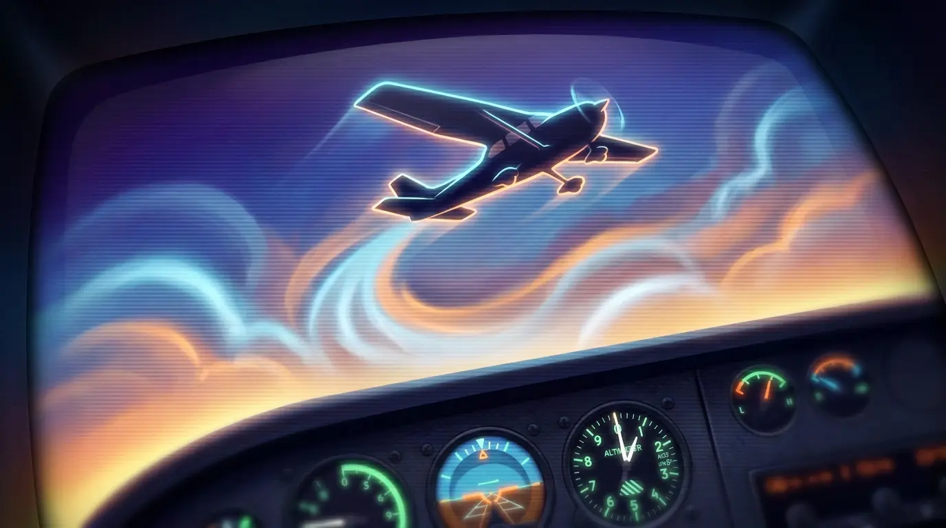 Flugzeug steigt durch Wolken mit Fluginstrumenten im Vordergrund