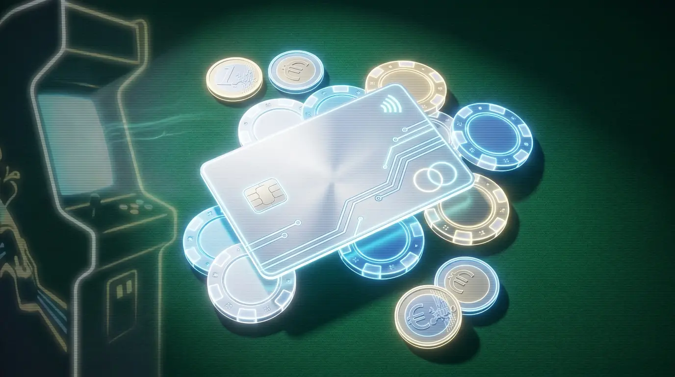 Bankkarte mit Casino-Chips und Euro-Münzen auf grünem Filz