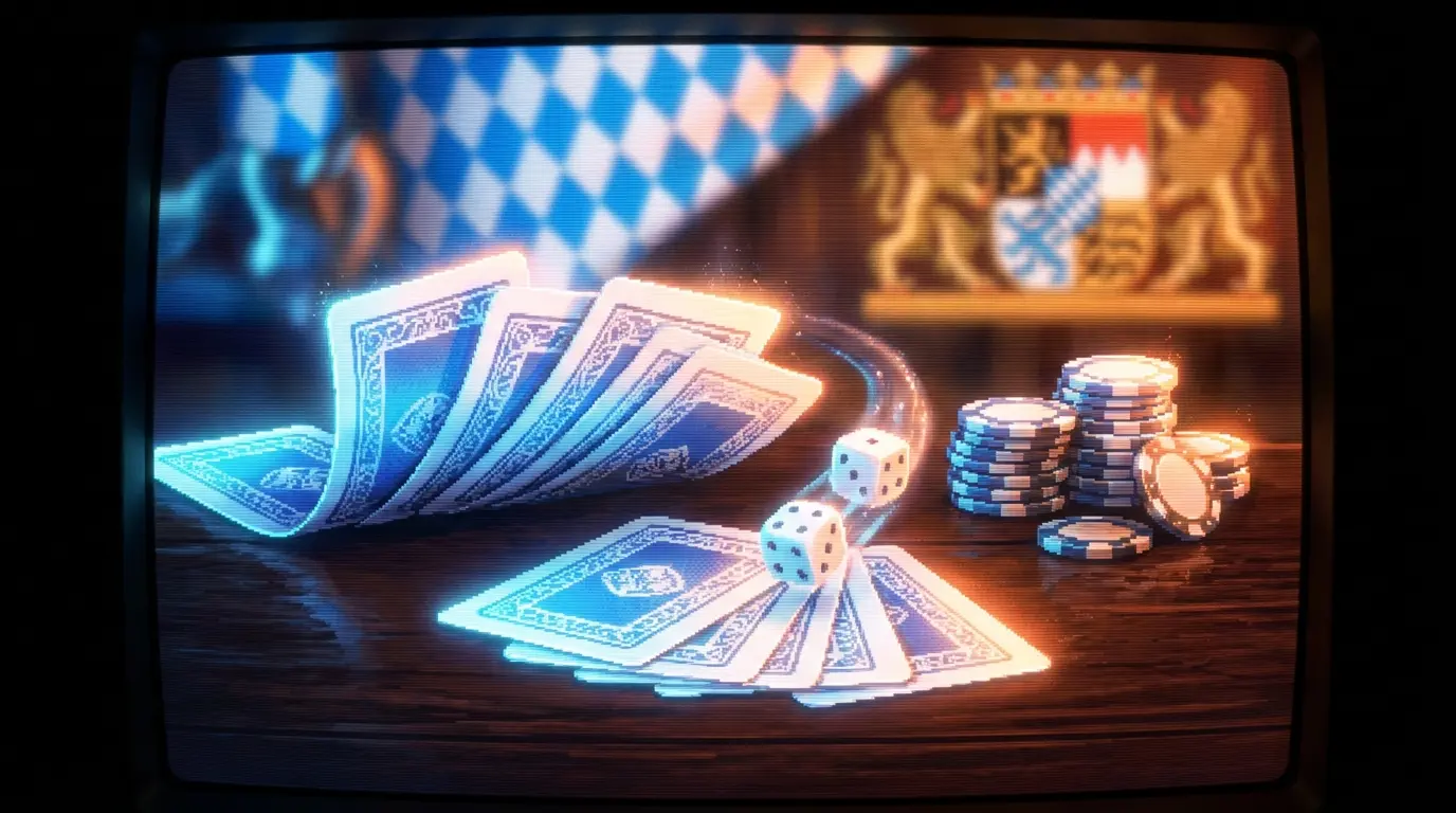 Spielkarten und Würfel auf Casino-Tisch mit bayerischen Farben