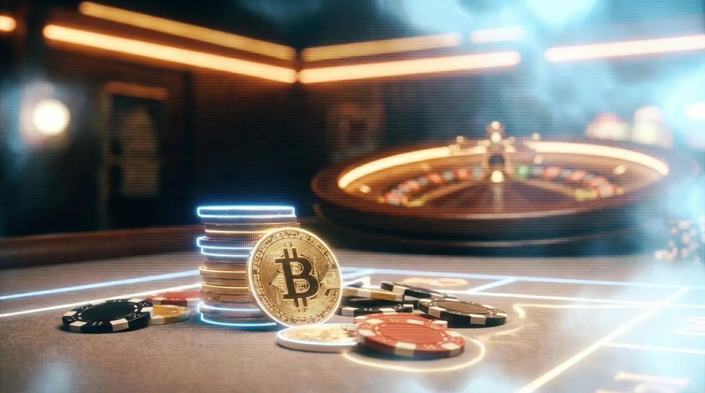 Bitcoin-Münzen und Casino-Chips in deutschen Farben auf Spieltisch