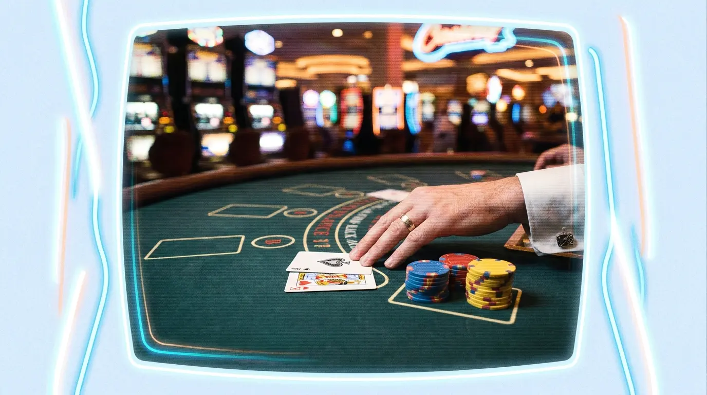 Blackjack-Tisch mit Karten und Chips in dramatischer Beleuchtung