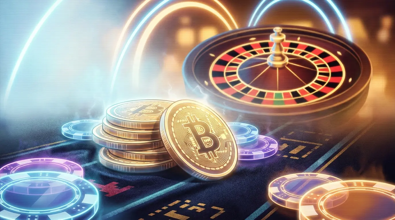 Kryptowährungsmünzen und Casino-Chips auf Roulette-Tisch