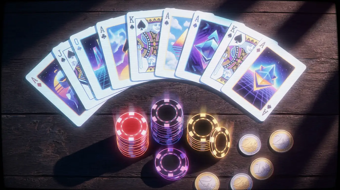 Spielkarten und Pokerchips mit Euro-Münzen auf Holztisch