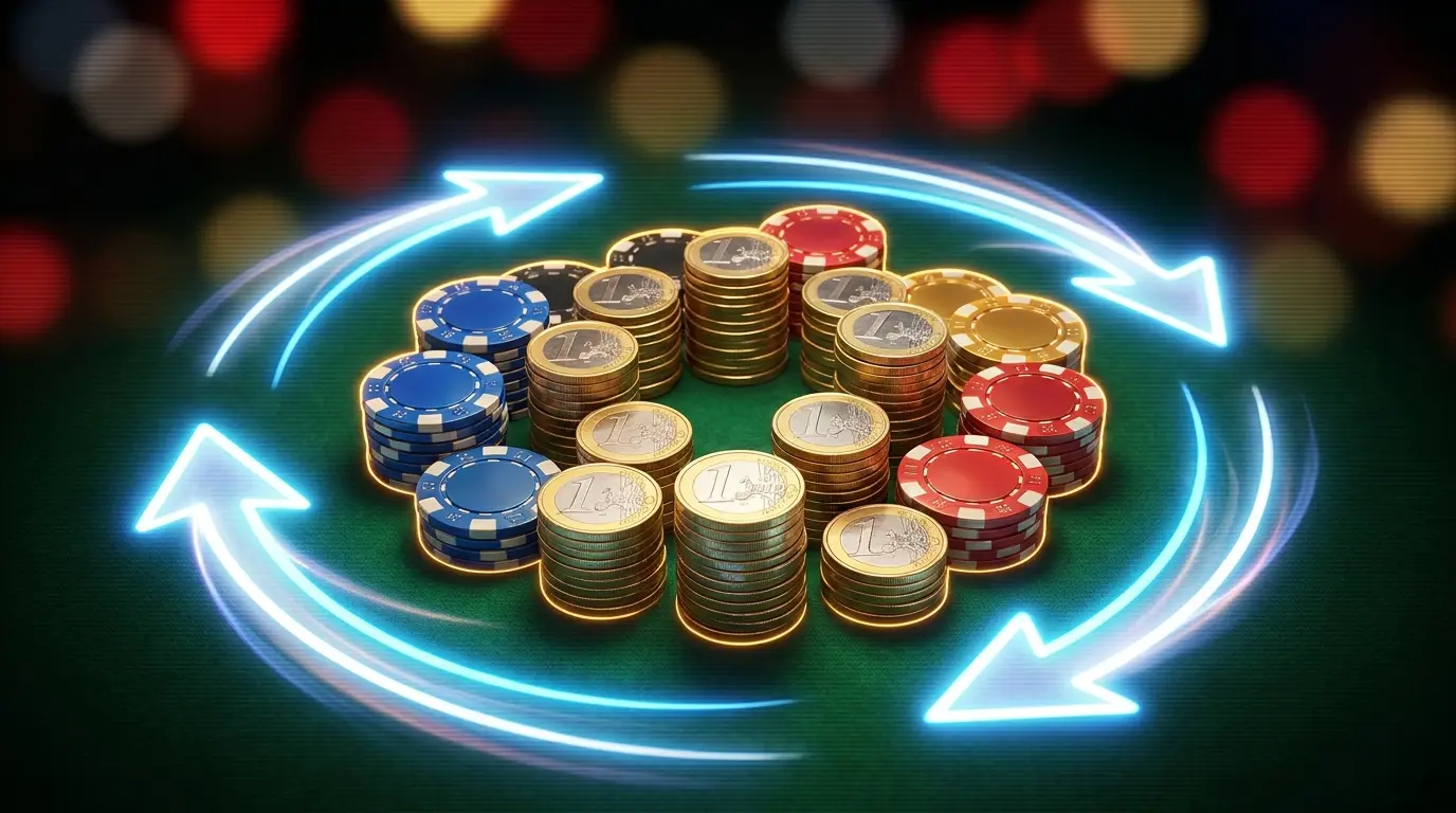 Euro-Münzen und Casino-Chips mit Cashback-Symbol auf grünem Filz