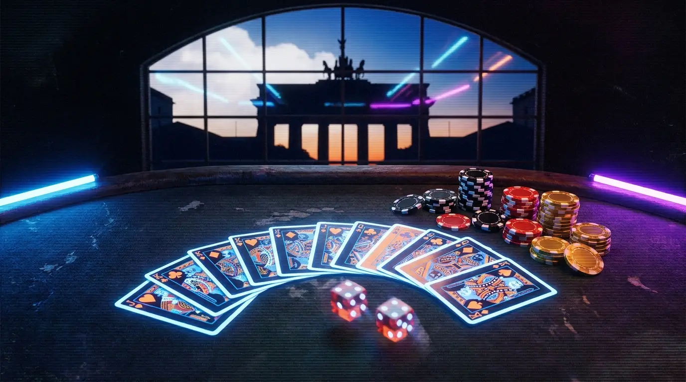 Casino-Tisch mit Karten und Chips vor Berliner Kulisse