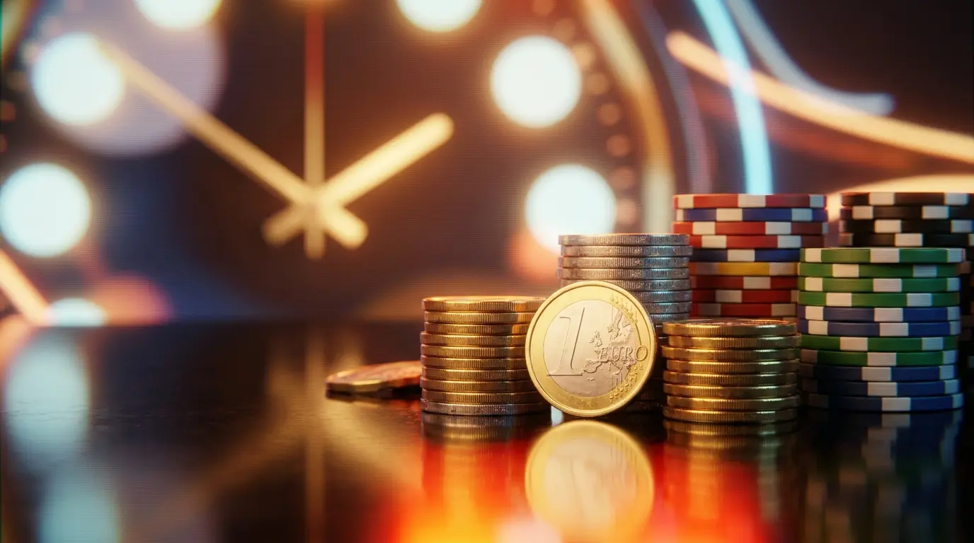 Casino-Chips und Euro-Münzen mit deutscher Flaggenbeleuchtung
