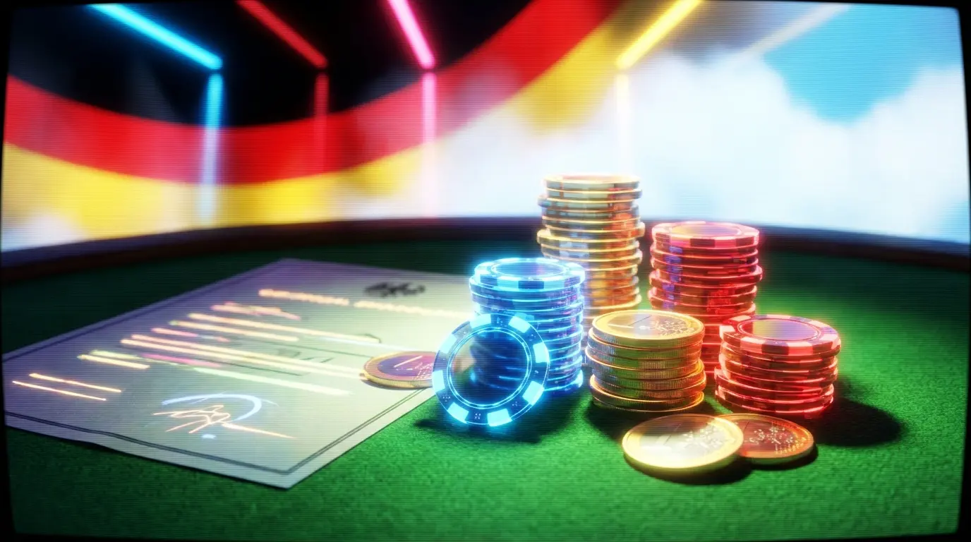 Casino-Chips und Euro-Münzen auf grünem Filz mit Dokumenten