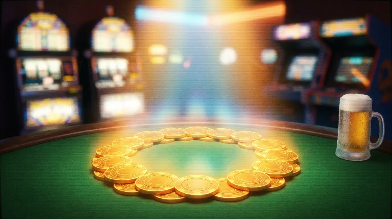 Casino Chips und Freispiele auf grünem Filz mit warmer Beleuchtung
