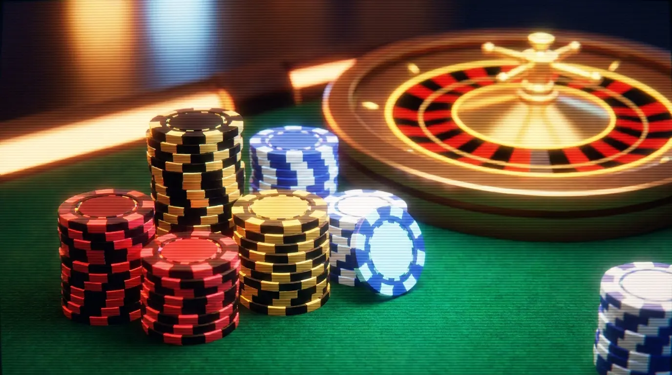 Poker-Chips und Roulette-Rad in deutscher Casino-Atmosphäre