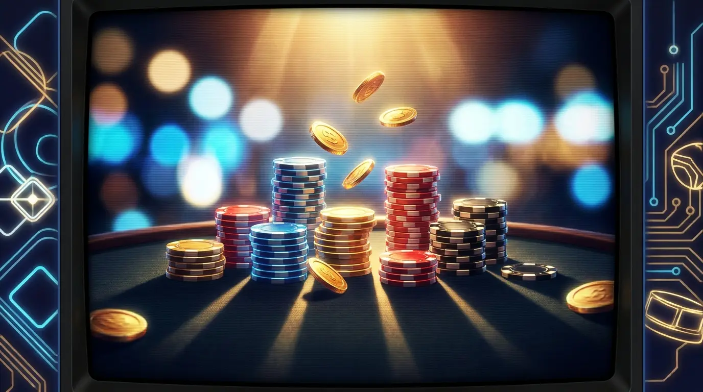 Casino-Chips und Münzen auf schwarzem Filz in deutscher Farbgebung