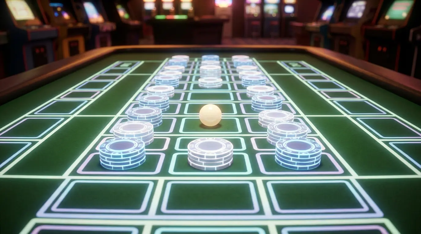 Gestapelte Jetons auf Roulette-Tisch mit Wettraster