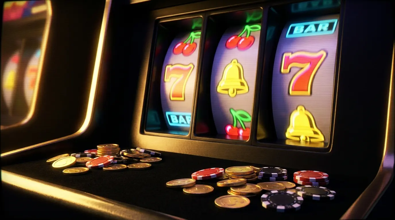 Spielautomaten-Walzen mit Casino-Chips und Münzen in deutschem Ambiente