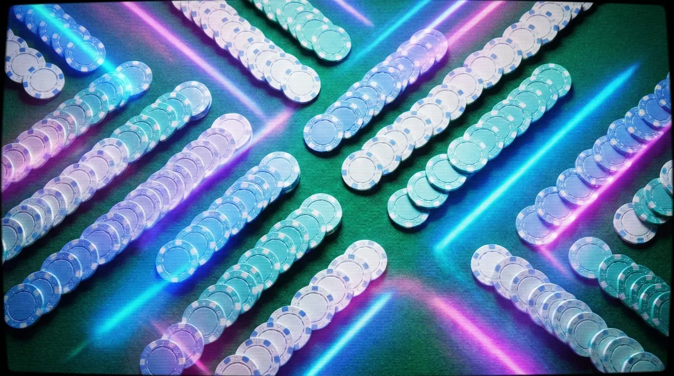 Spielchips in geometrischen Linien auf grünem Filz angeordnet