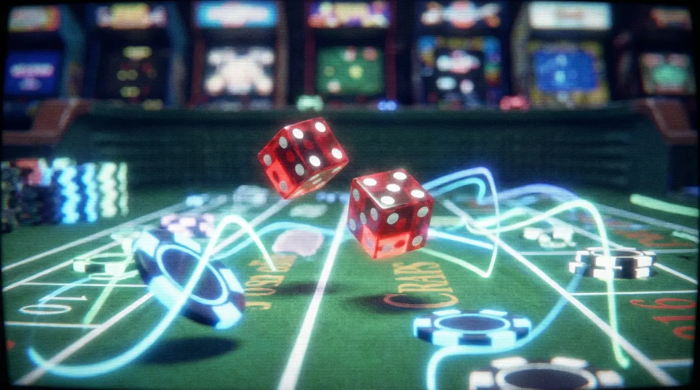 Zwei rote WĂĽrfel auf grĂĽnem Craps-Tisch mit Casino-Chips