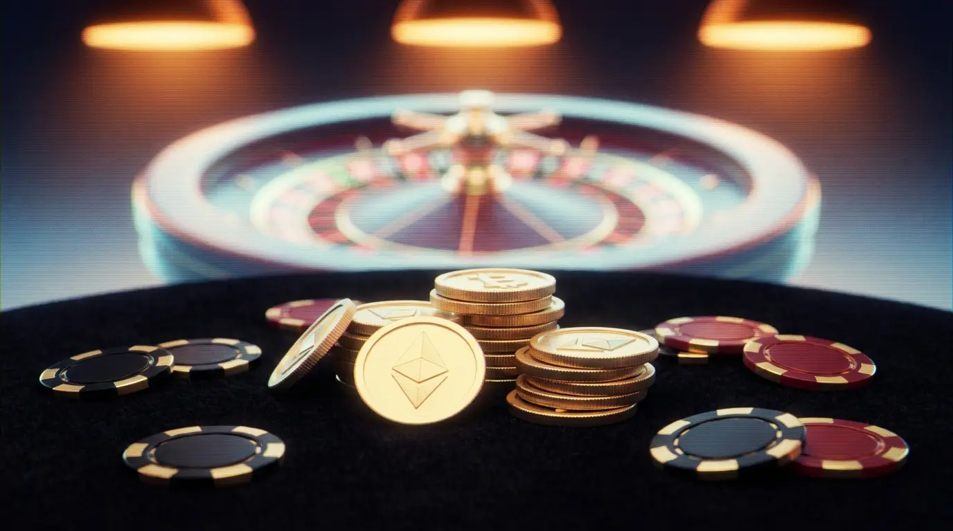 Kryptowährungsmünzen und Casino-Chips auf Spieltisch