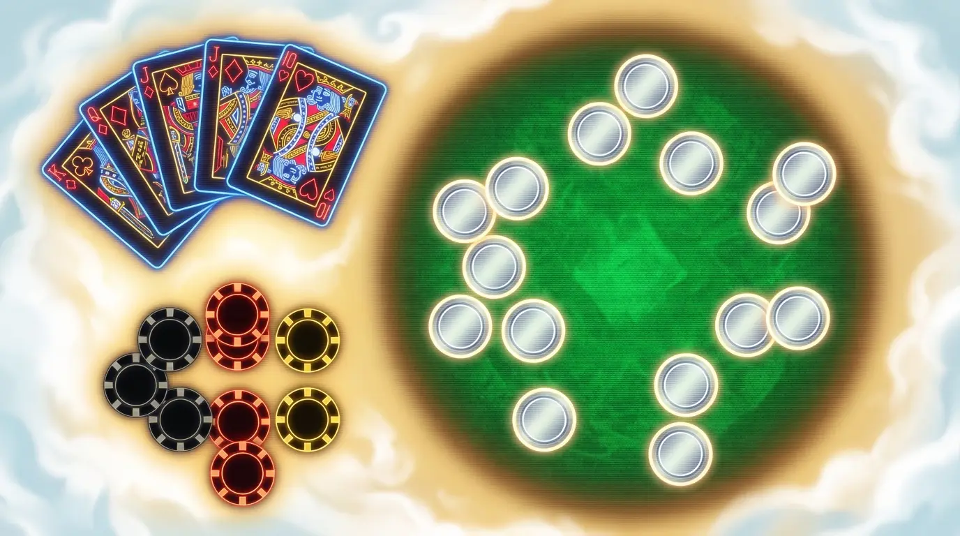 Krypto-MĂĽnzen und Spielkarten auf grĂĽnem Casino-Filz von oben