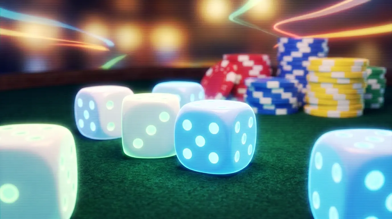 Nahaufnahme von WĂĽrfeln und Chips auf Craps-Spieltisch
