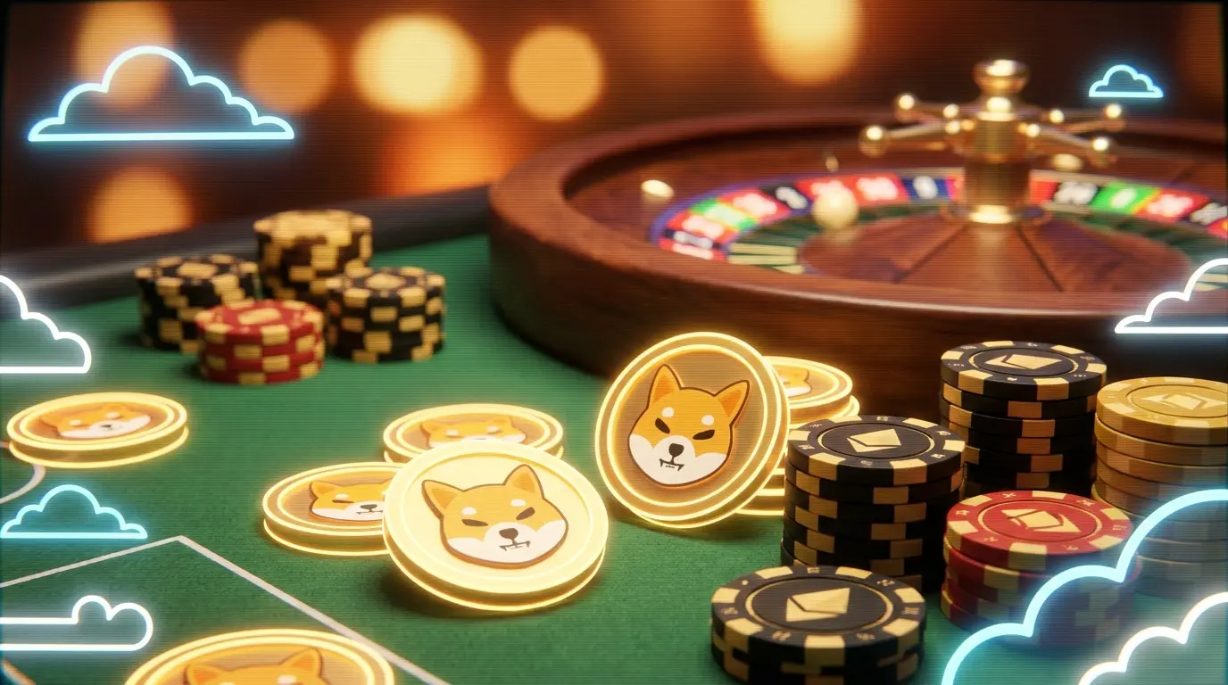 Dogecoin-Münzen und Casino-Chips auf grünem Filz mit warmem Licht