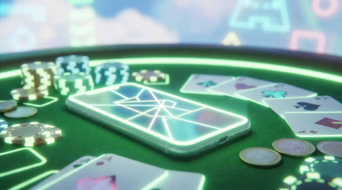 Smartphone mit Casino-Chips und Euro-Münzen auf grünem Filz