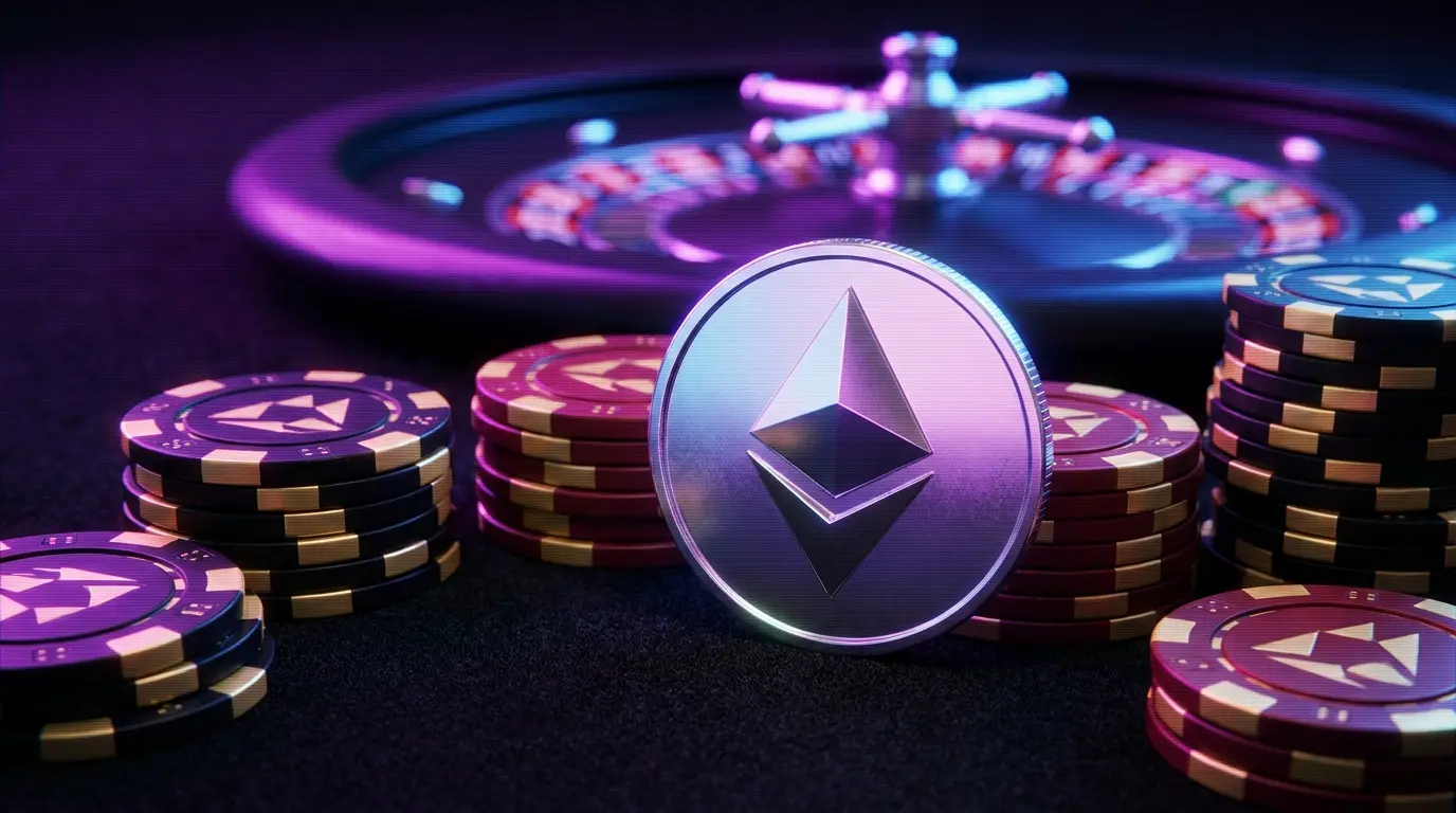 Ethereum-MĂĽnze auf Casino-Tisch mit Poker-Chips in deutschen Farben