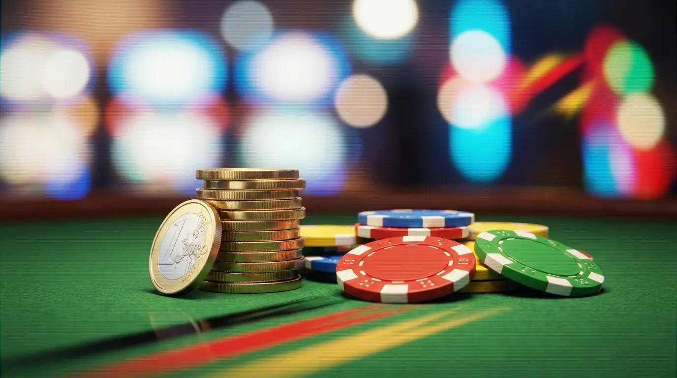 Euro-MĂĽnzen und Casino-Chips auf grĂĽnem Filz mit deutschen Farben