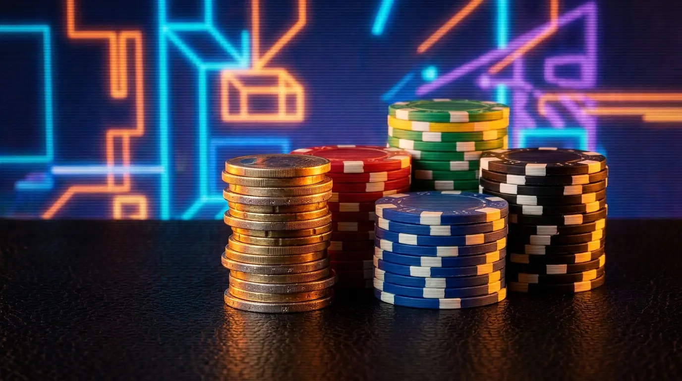 Euro-Münzen und Casino-Chips in elegantem Banking-Ambiente