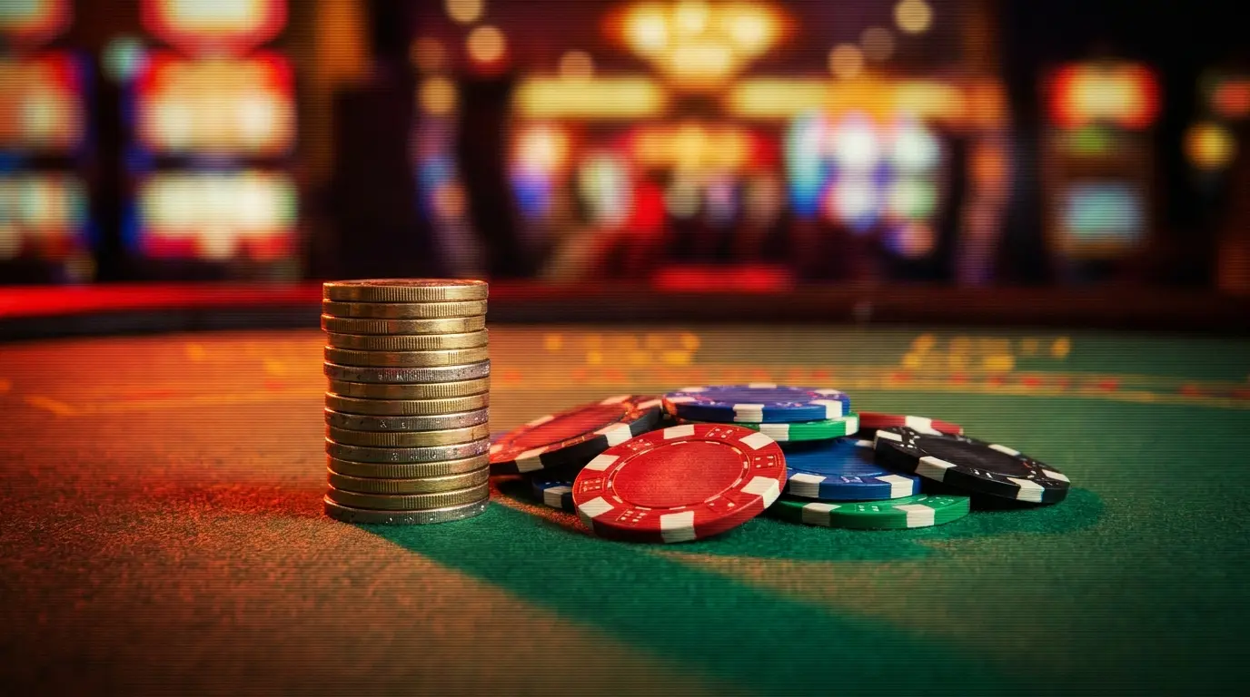 Zehn-Euro-Münzen und Poker-Chips auf grünem Casino-Tisch