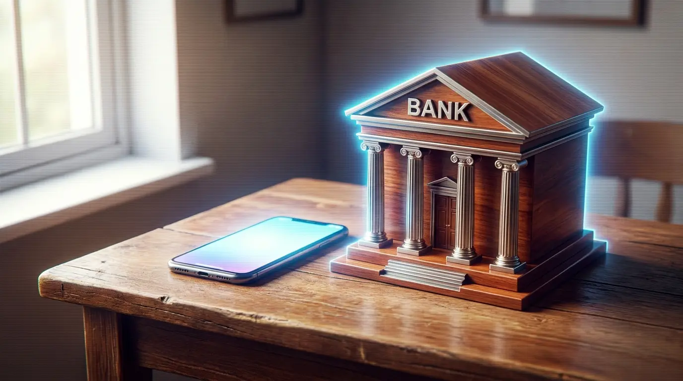 Smartphone neben Bankgebäude-Modell auf Schreibtisch