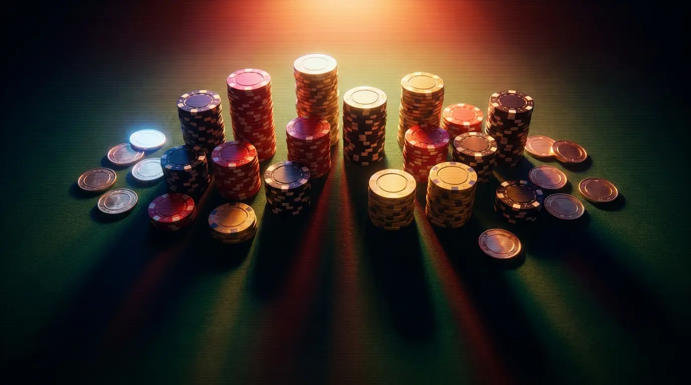 Casino-Chips und MĂĽnzen auf grĂĽnem Filz in deutschen Farben