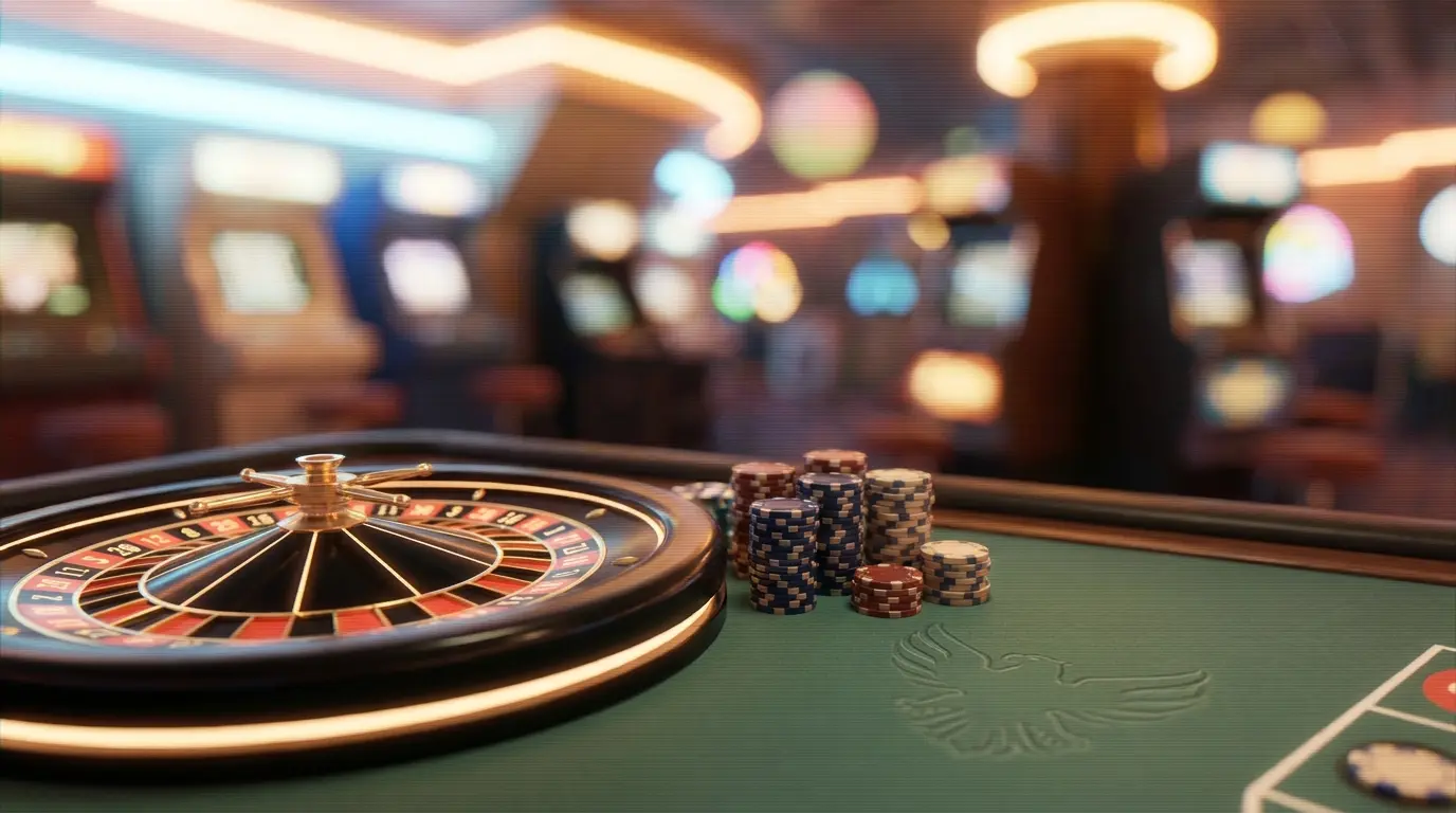 Roulette-Rad und Poker-Chips in deutschen Farben auf Spieltisch