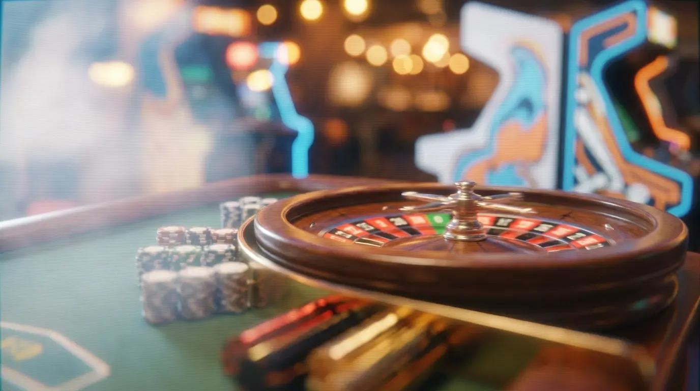 Roulette-Rad und Jetons auf grĂĽnem Filz in warmer Casino-Beleuchtung