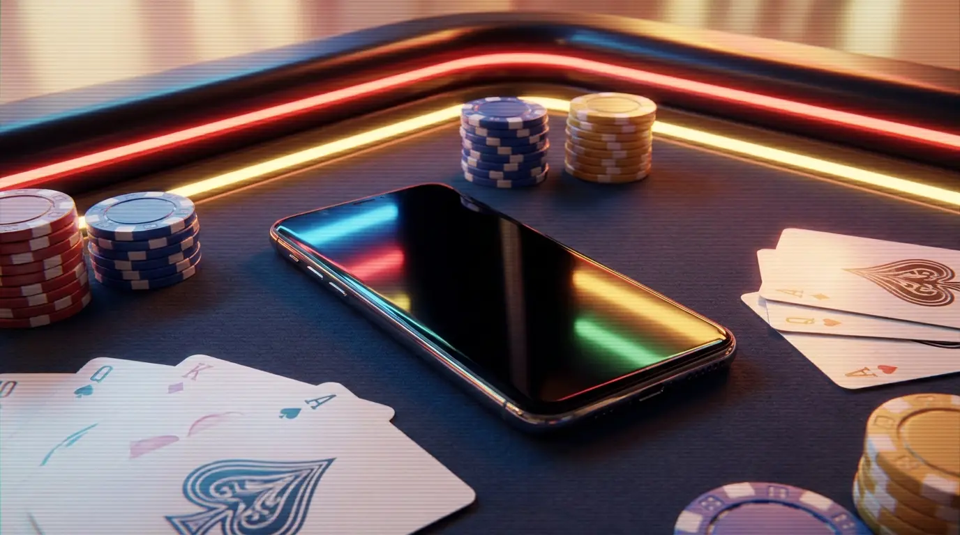 Smartphone mit Casino-Chips und Google Pay Farben auf Spieltisch