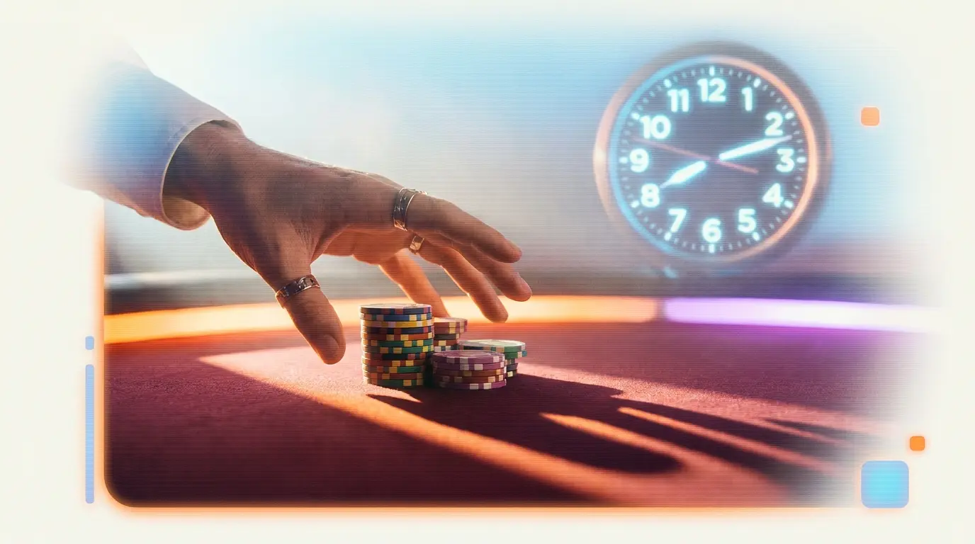Hand über Chips zeigt Entscheidungsdruck beim Pokerspiel