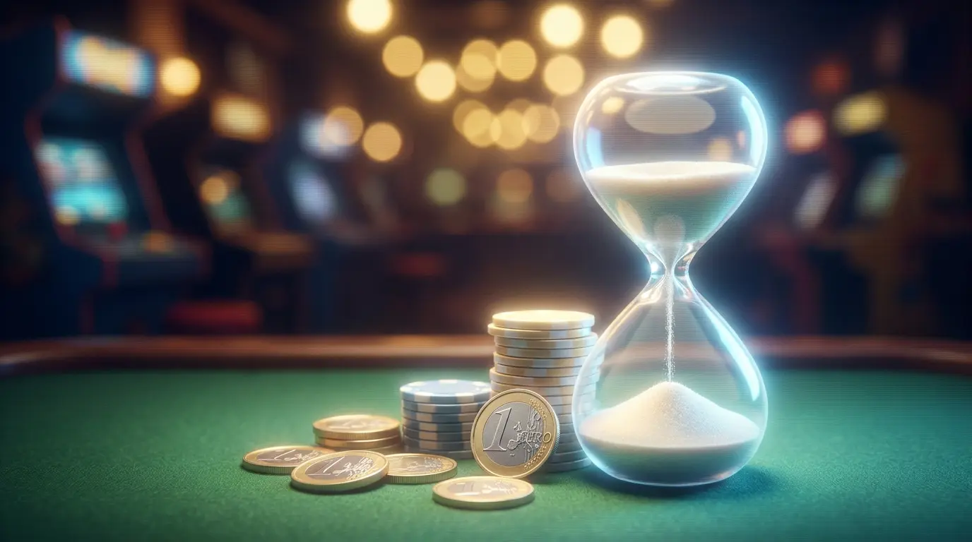 Sanduhr neben Casino-Chips symbolisiert Auszahlungsdauer