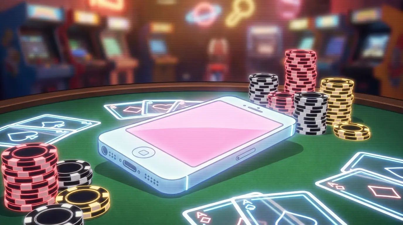 Smartphone mit Casino-Chips und Spielkarten auf Filztisch