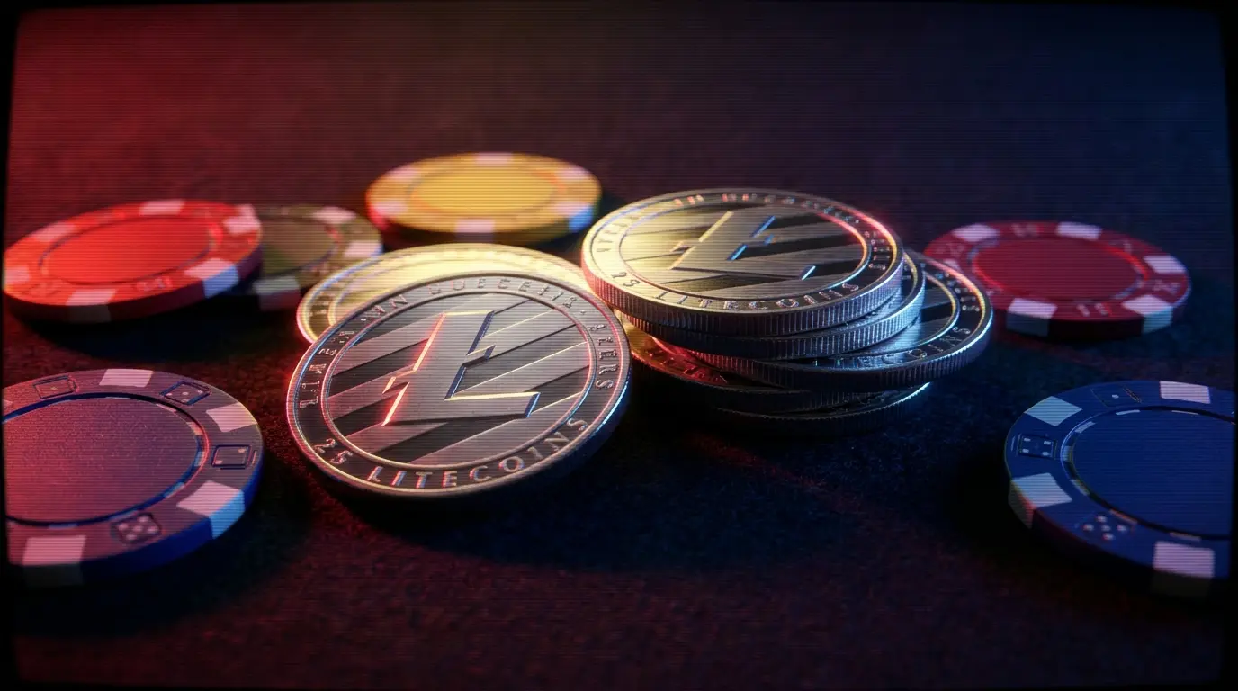 Litecoin-Münzen und Casino-Chips in deutscher Farbgebung