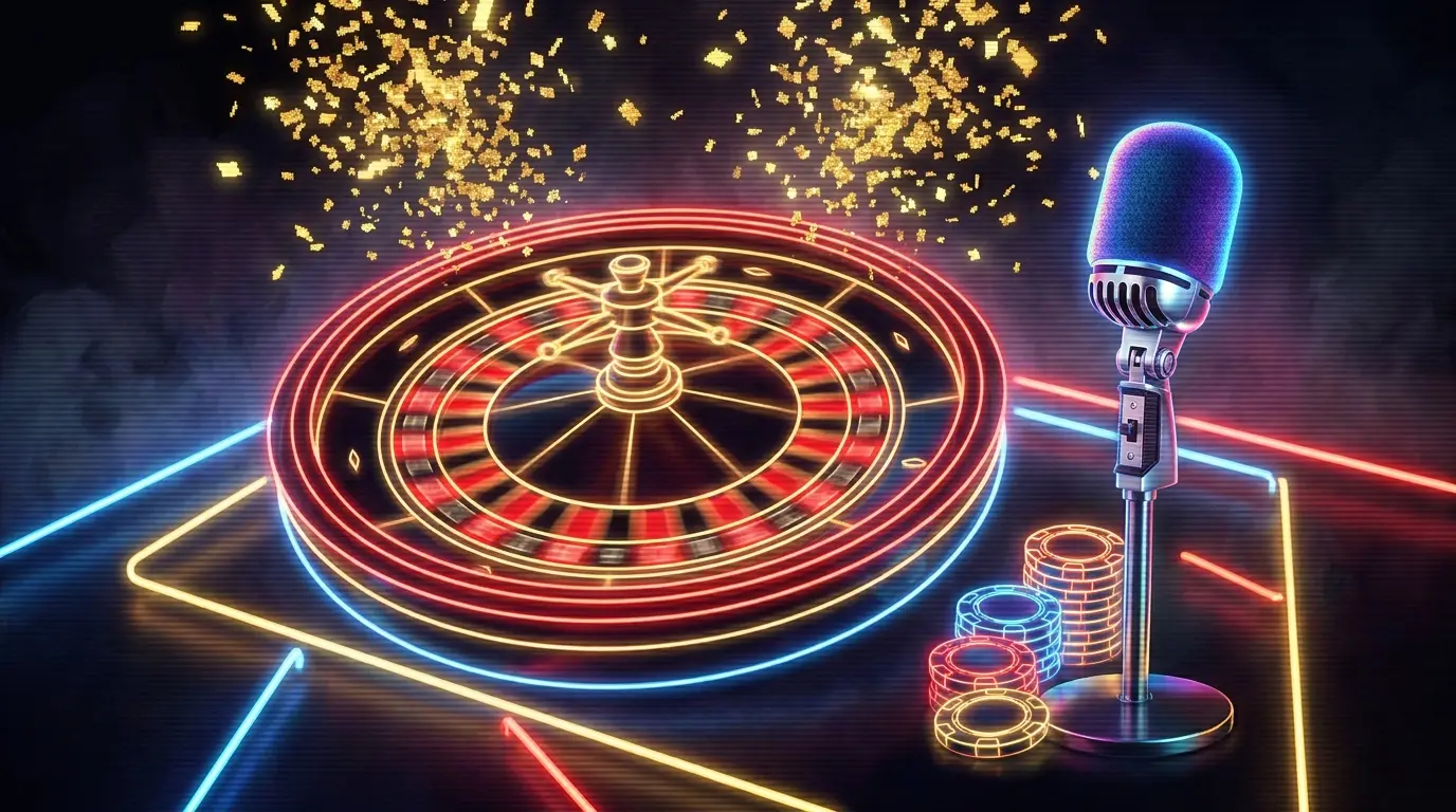 Roulette-Rad mit Mikrofon und Casino-Chips in deutscher Farbgebung
