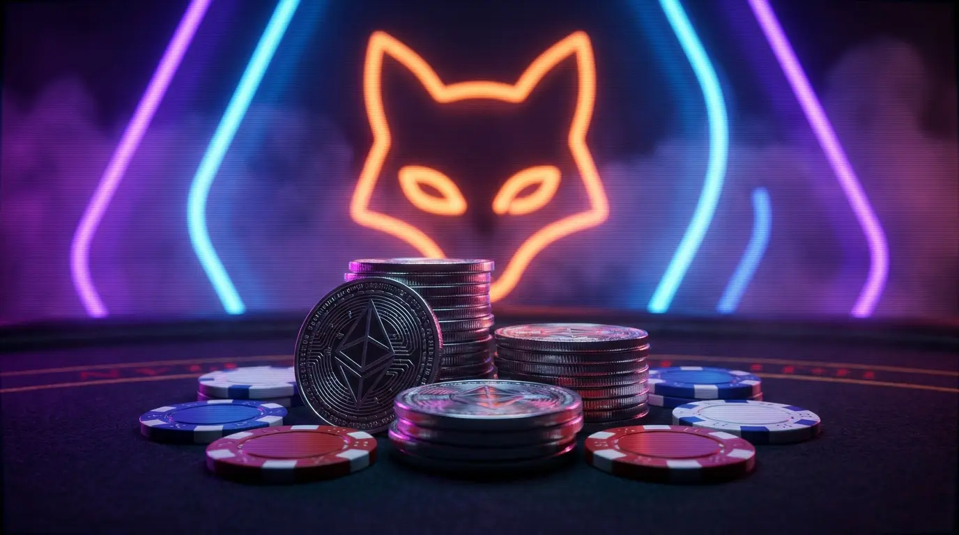 Krypto-MĂĽnzen und Casino-Chips mit MetaMask-Silhouette