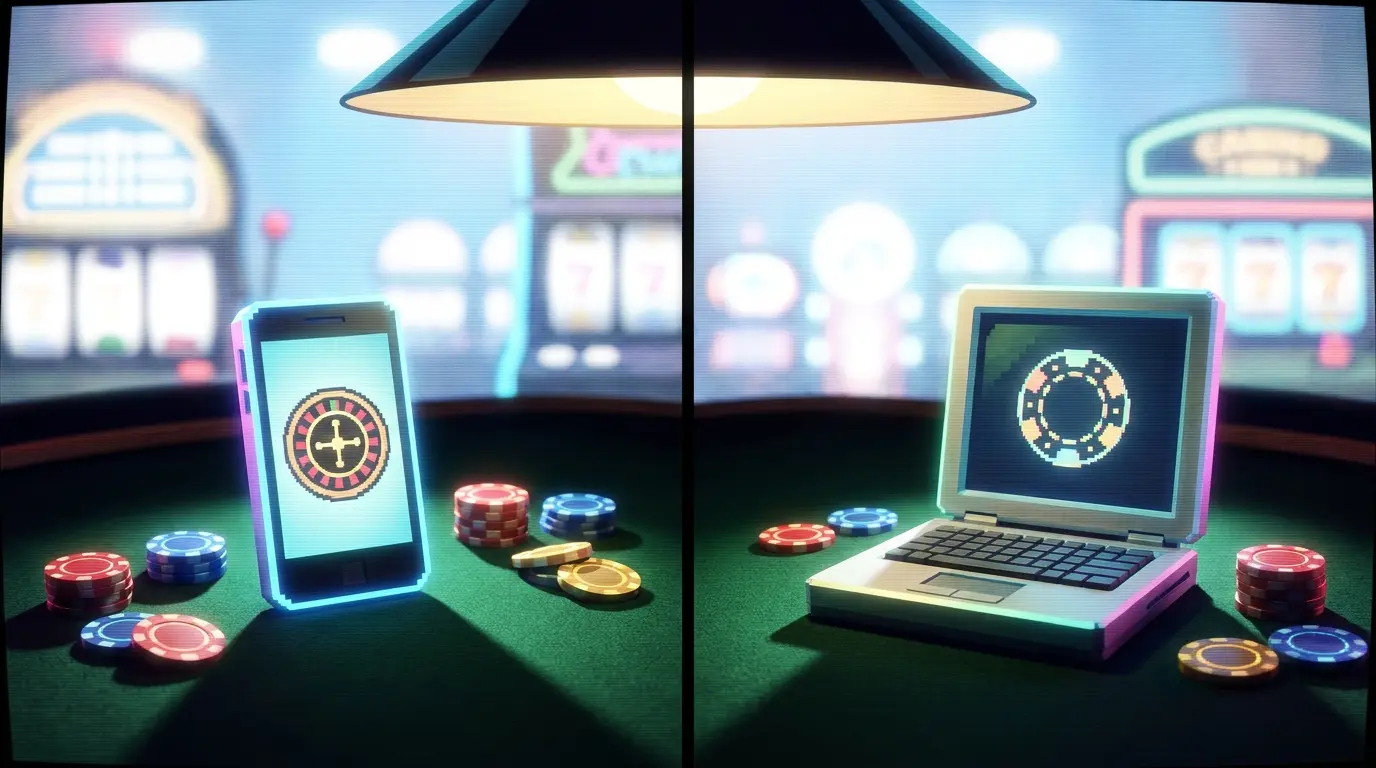 Smartphone und Laptop auf Casino-Tisch im direkten Vergleich