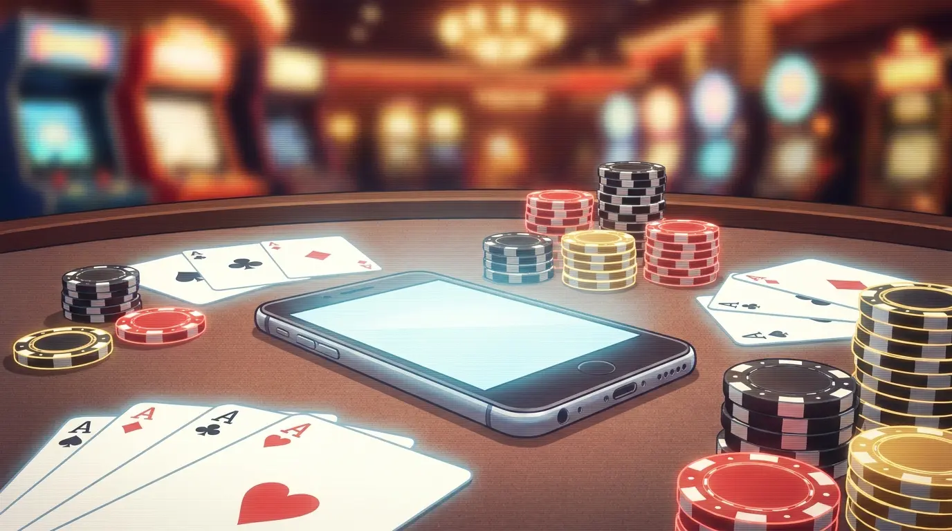 Smartphone mit Casino-Chips und Spielkarten auf Spieltisch