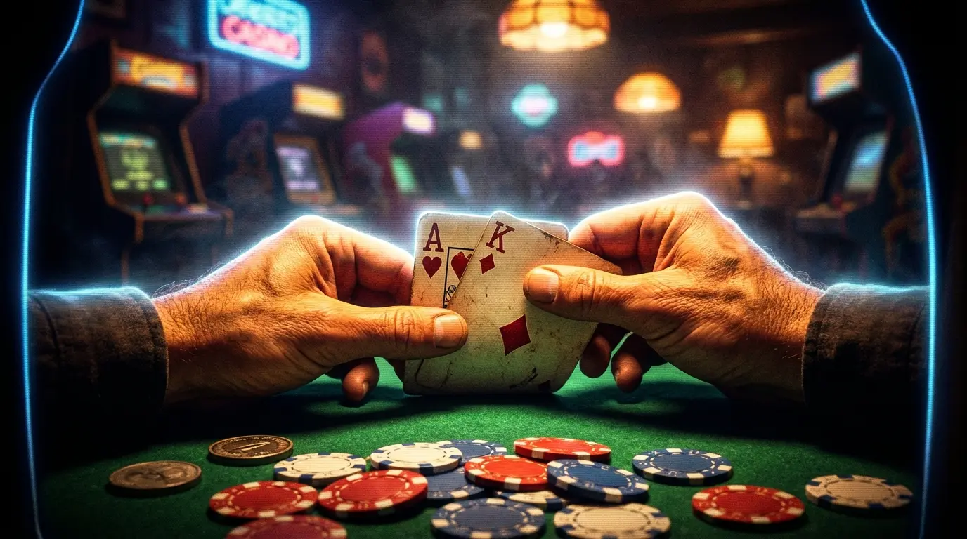 Spielerhände mit Blackjack-Karten über grünem Spieltisch
