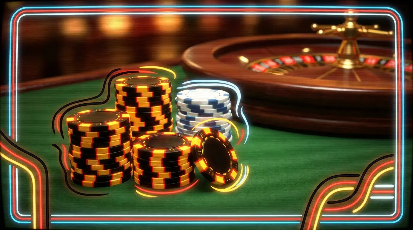Casino-Chips in deutschen Farben auf grünem Spieltisch