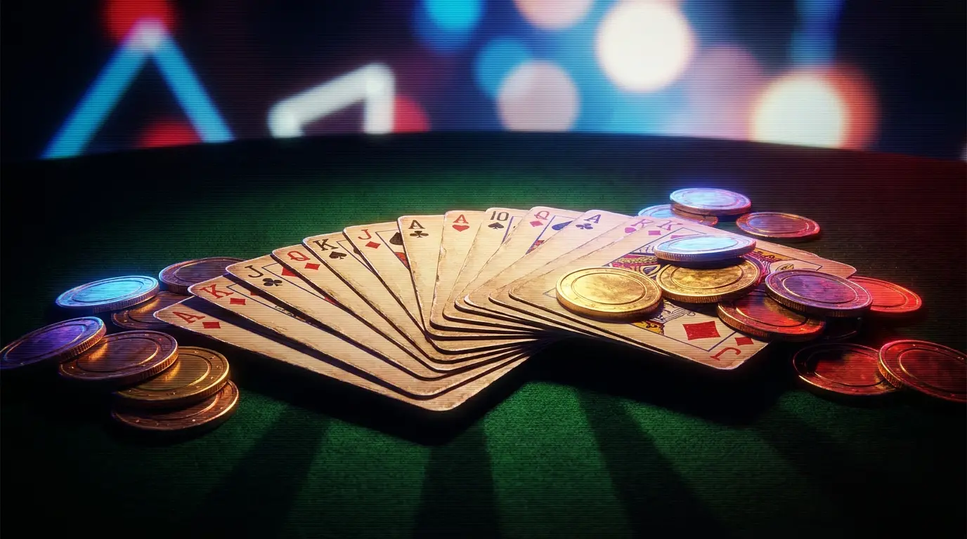 Pokerkarten und goldene Münzen auf grünem Filz von oben
