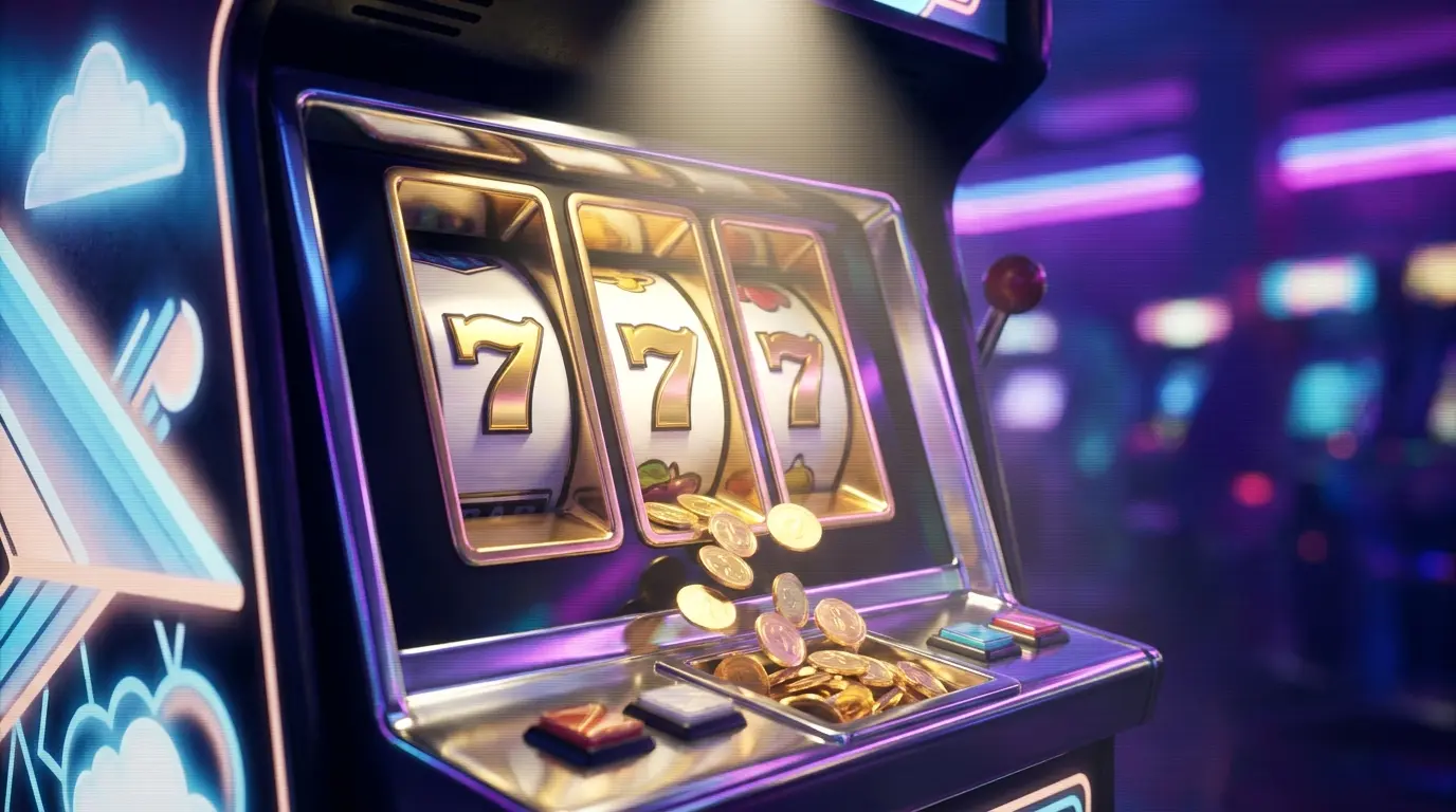 Spielautomat mit goldenen Siebenen und herabfallenden Münzen