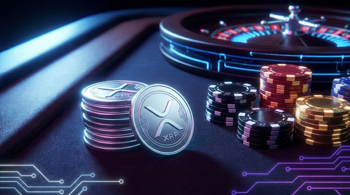 Ripple-Münzen und Casino-Chips auf schwarzem Filz mit dramatischer Beleuchtung