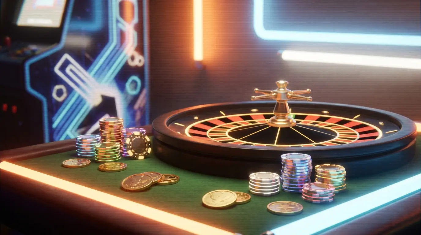 Roulette-Rad mit Chips und Münzen in Casino-Atmosphäre