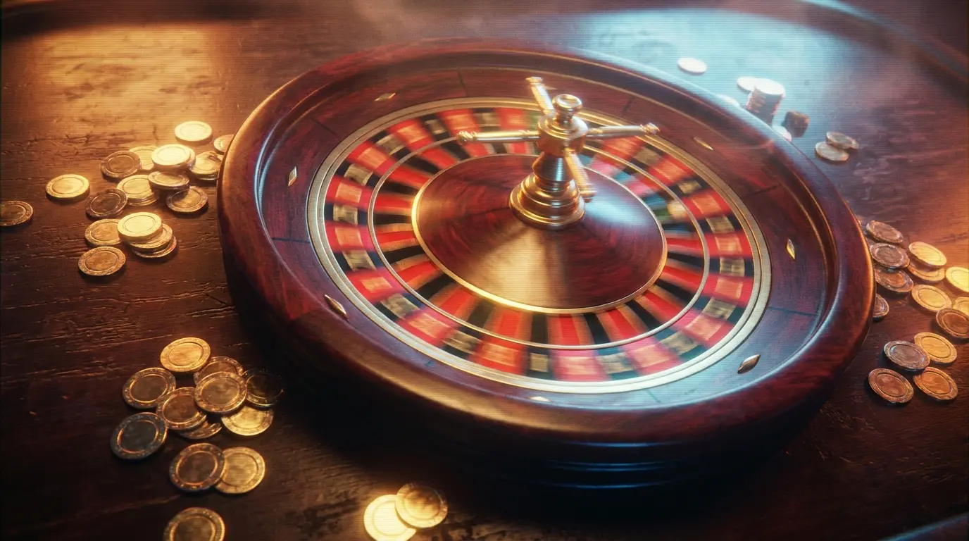 Roulette-Rad mit goldenen Münzen in Casino-Atmosphäre
