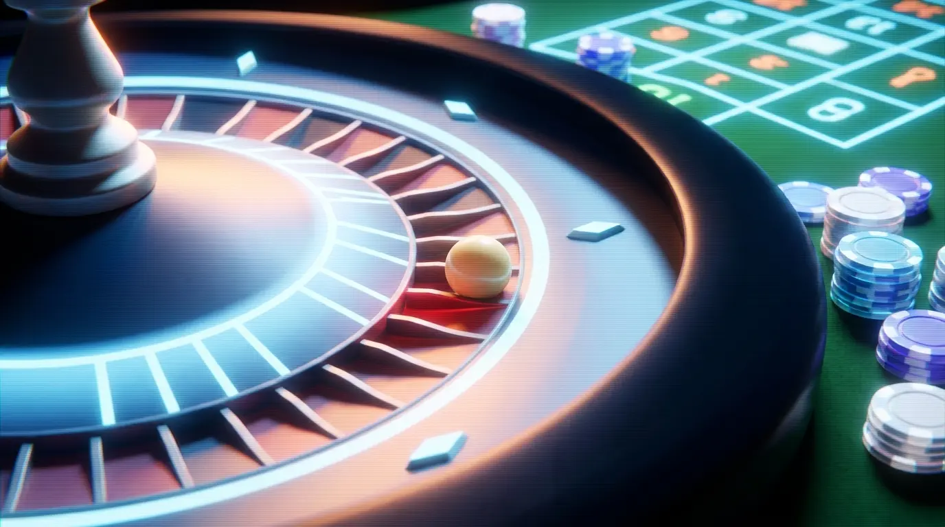Roulette-Rad mit Ball und Spielchips auf grĂĽnem Filz