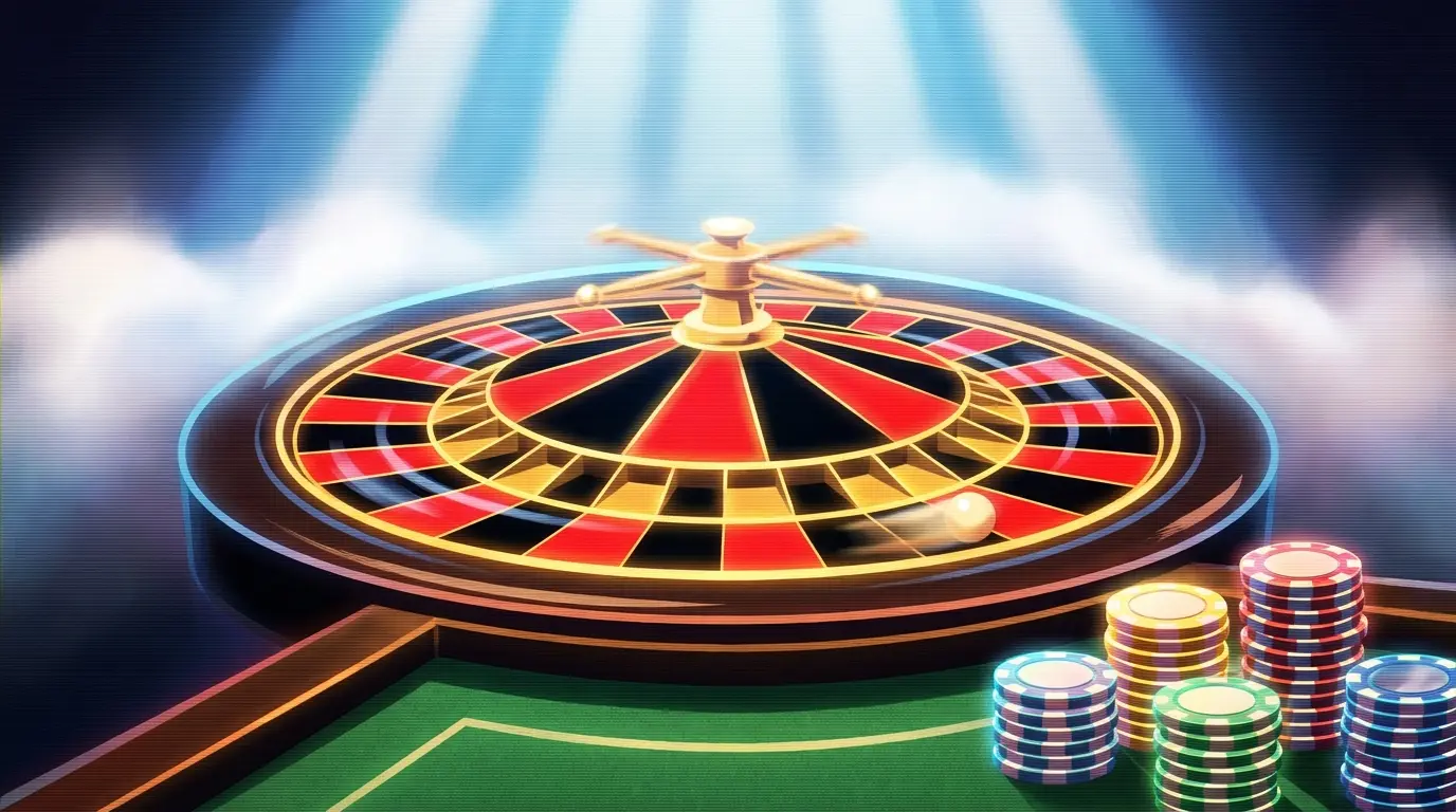 Roulette-Rad mit Chips auf grünem Filz in Casino-Atmosphäre