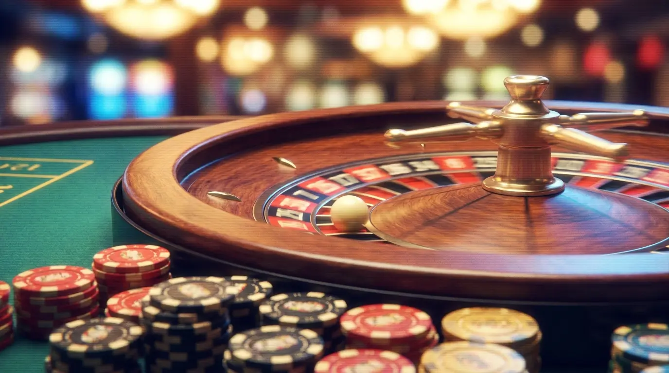 Roulette-Rad mit Ball und Chips in deutschen Farben